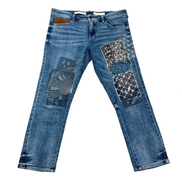 Pilcro Jean Hyphen Shibori Mid-Rise 31 Blue Denim Patchwork Embroidered Straight - Picture 4 of 9